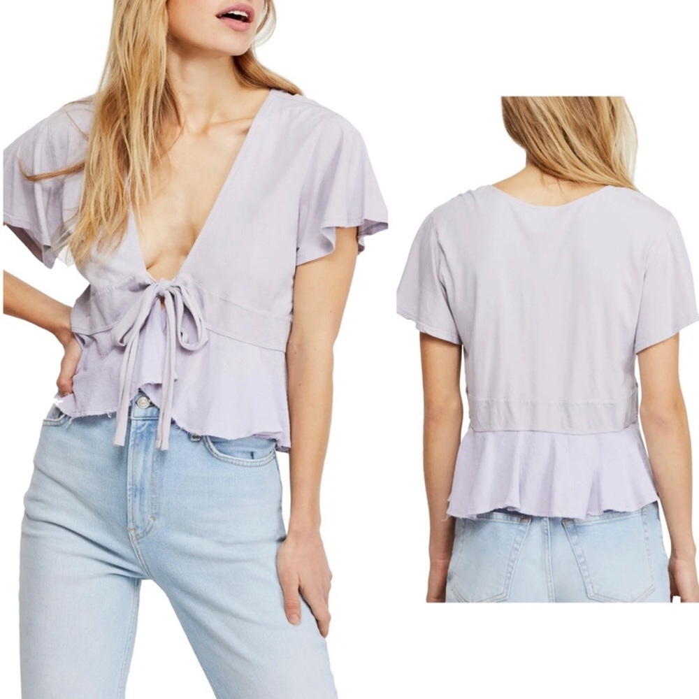 FREE PEOPLE V  Neck Peplum “Knot Me” Top Lilac NWT